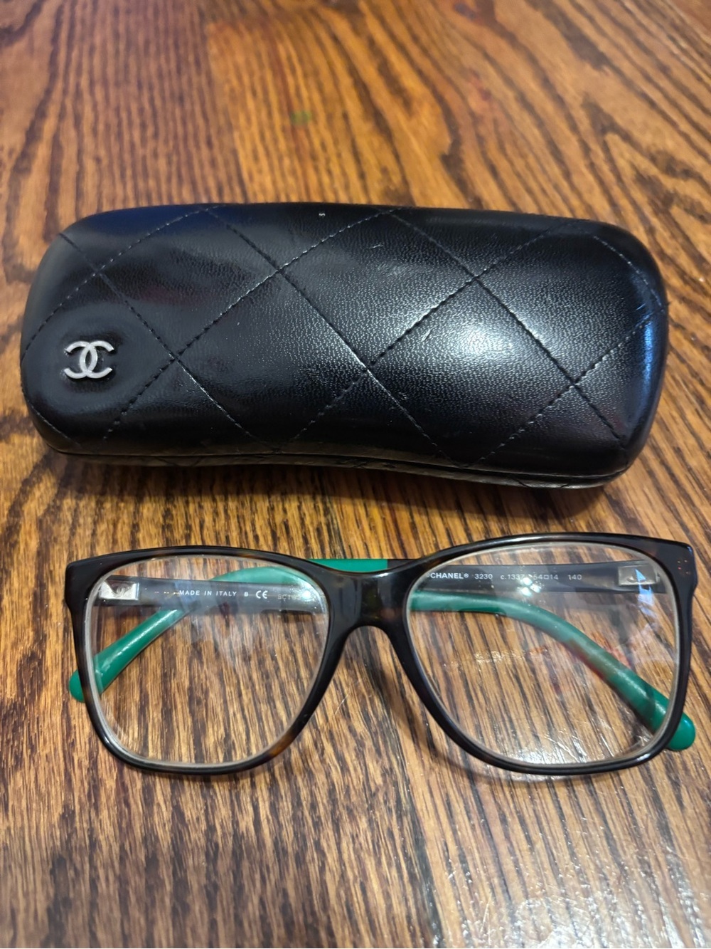 CHANEL Black Frames with Green Temples and Quilted Case